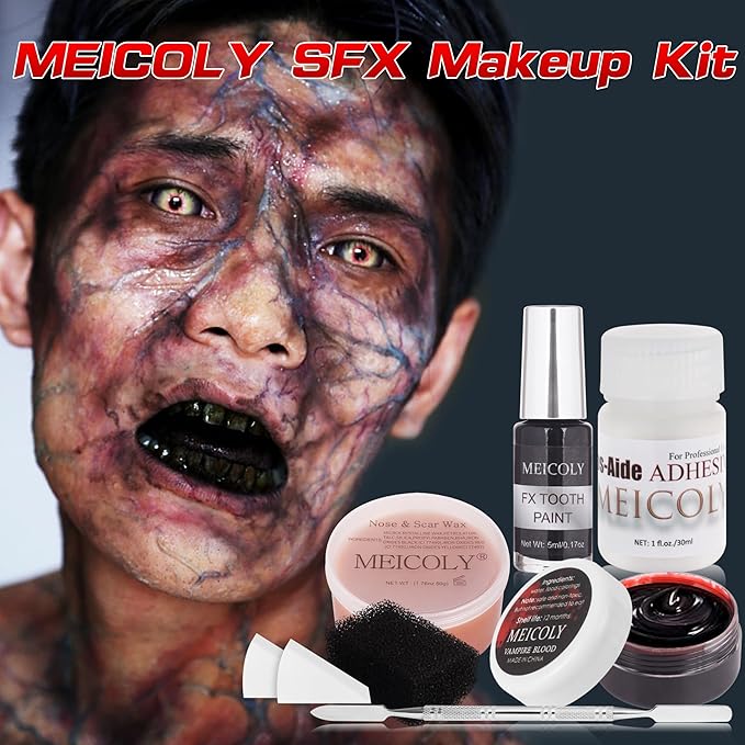 MEICOLY 7PCS Halloween Special Effects SFX Makeup Kit for Theatre Stage Performance,Scar Wax+Spatula Tool+Coagulated Blood+Black Stipple Sponges+White Sponges+Black Tooth Paint+Scar Wax Adhesive-Velvo Beauty