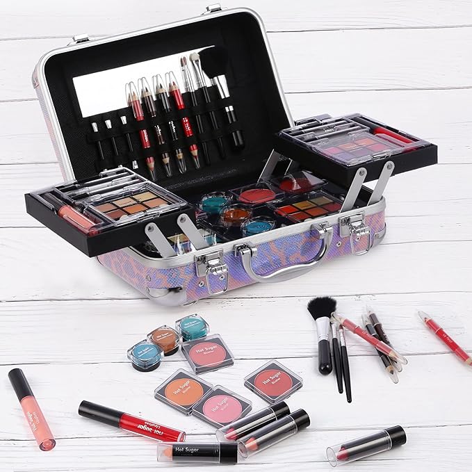 Hot Sugar All In One Makeup Set for Adults and Girls - Full Makeup Kit for Beginners With Eye Shadow Palette, Blush, Lip Gloss, Brush, Mirror (Pink Leopard)-Velvo Beauty