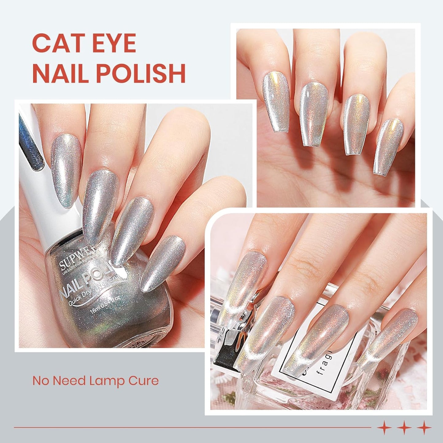 Aurora Silver Magnetic Nail Polish Non Gel with Magnet Quick Dry Cat Eye Nail Polish for Fingernail Air Drying Fast Lacquer Manicure Gift For Women Girls 16ml, 0.54fl oz-Velvo Beauty