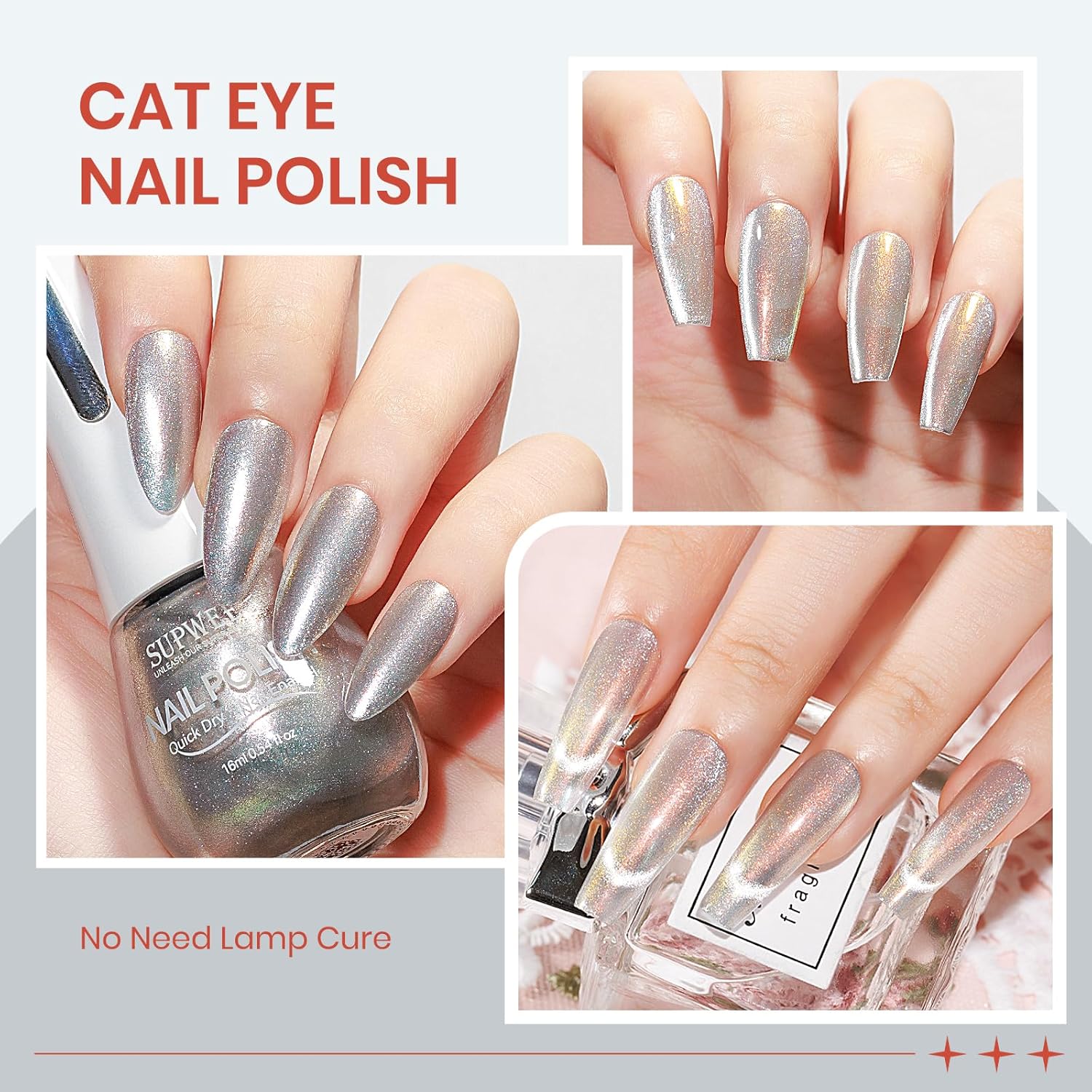 Aurora Silver Magnetic Nail Polish Non Gel with Magnet Quick Dry Cat Eye Nail Polish for Fingernail Air Drying Fast Lacquer Manicure Gift For Women Girls 16ml, 0.54fl oz-Velvo Beauty