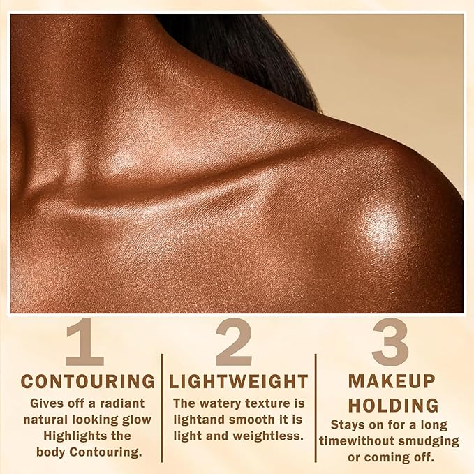 Shimmer Body Luminizer 5 Color Waterproof Smooth Face Body Glow Illuminator Non-sticky Liquid Body Highlight Illuminator for Face & Body & Leg (80 ML, 04 Golden Brown)-Velvo Beauty