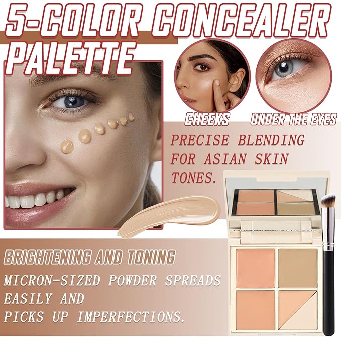 5 Colors Correcting Concealer Palette,Waterproof Long Lasting Cream Contour Palette for Women,Contouring Concealer Liquid Foundation Makeup Palette with Brush 02#-Velvo Beauty