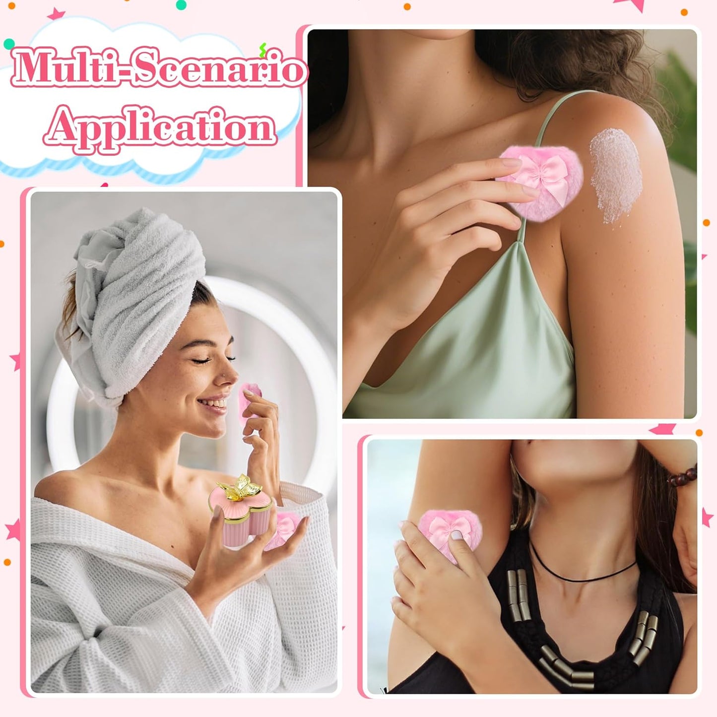 Large Body Powder Puff and Container, Ceramics Dusting Powder Container with 2 PCS Washable Heart Shaped Body Puff, Butterfly Dusting Case for Wet and Dry Makeup (Pink)-Velvo Beauty