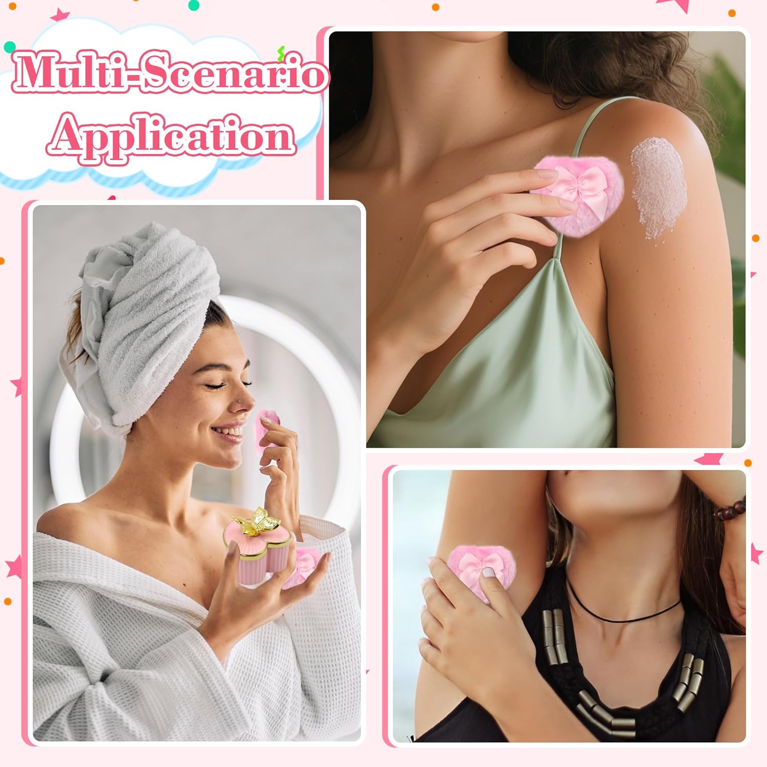 Large Body Powder Puff and Container, Ceramics Dusting Powder Container with 2 PCS Washable Heart Shaped Body Puff, Butterfly Dusting Case for Wet and Dry Makeup (Pink)-Velvo Beauty