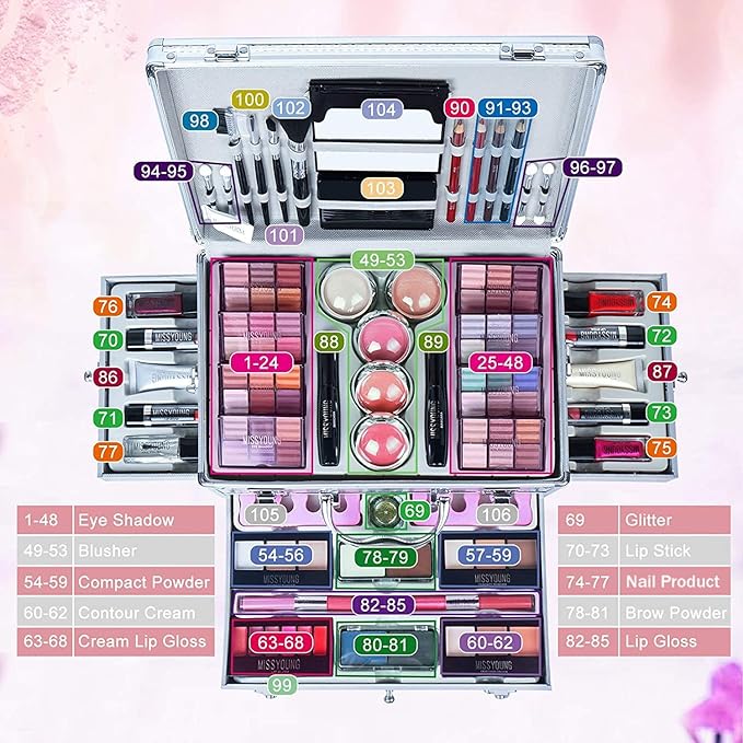 Make-up Box Set Multi-purpose Cosmetic Storage Beauty Case Professional Contain Eyeshadow Concealer Lip gloss Blusher Compact Powder Eyebrow and Makeup Pencil Brush #3-Velvo Beauty