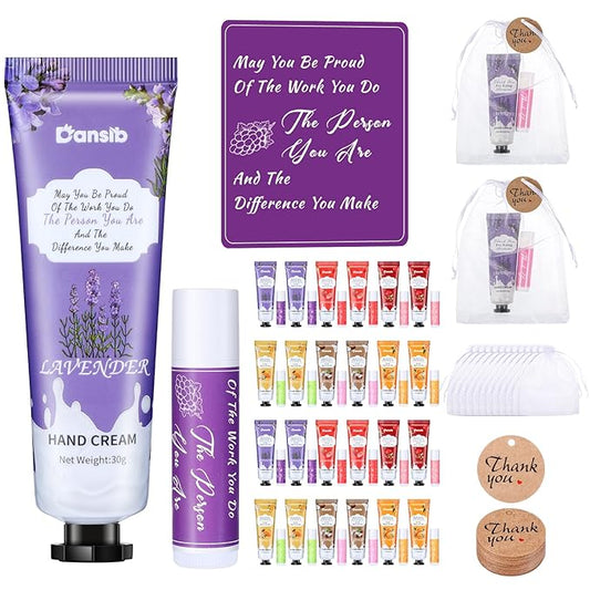 Thank You Gifts for Employee Hand Cream and Lip Balm Bulk Set with Organza Bag Thank You Card Hand Lotion Appreciation Gift Set for Women Men Coworkers Volunteer(24 Set)-Velvo Beauty