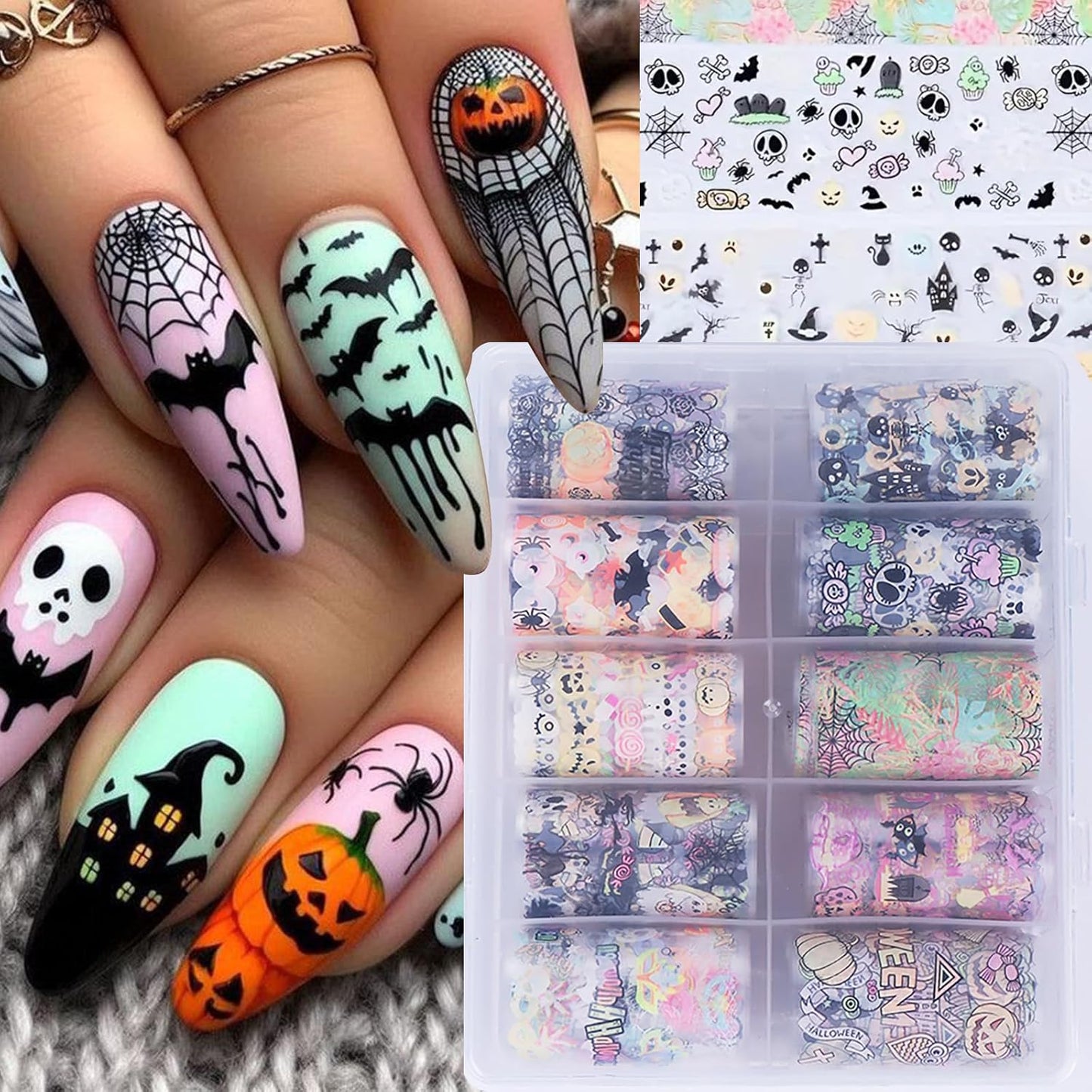 Halloween Nail Foils Transfers - Ghost Pumpkin Skull Bat Spider Web Black Cat Design, Gold & Holographic Foil Stickers for Nail Art, Manicure Decals for DIY Acrylic Nails, 10 Sheets-Velvo Beauty