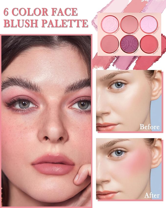 Matte Rose Face Blush Palette Kit with Brush-6 Colors Pink Purple Silky Mineral Blendable Blusher Contour Powder for Cheeks,Longlasting Facial Eyeshadow Beauty Cosmetic Makeup Gift for Women-Set 01-Velvo Beauty