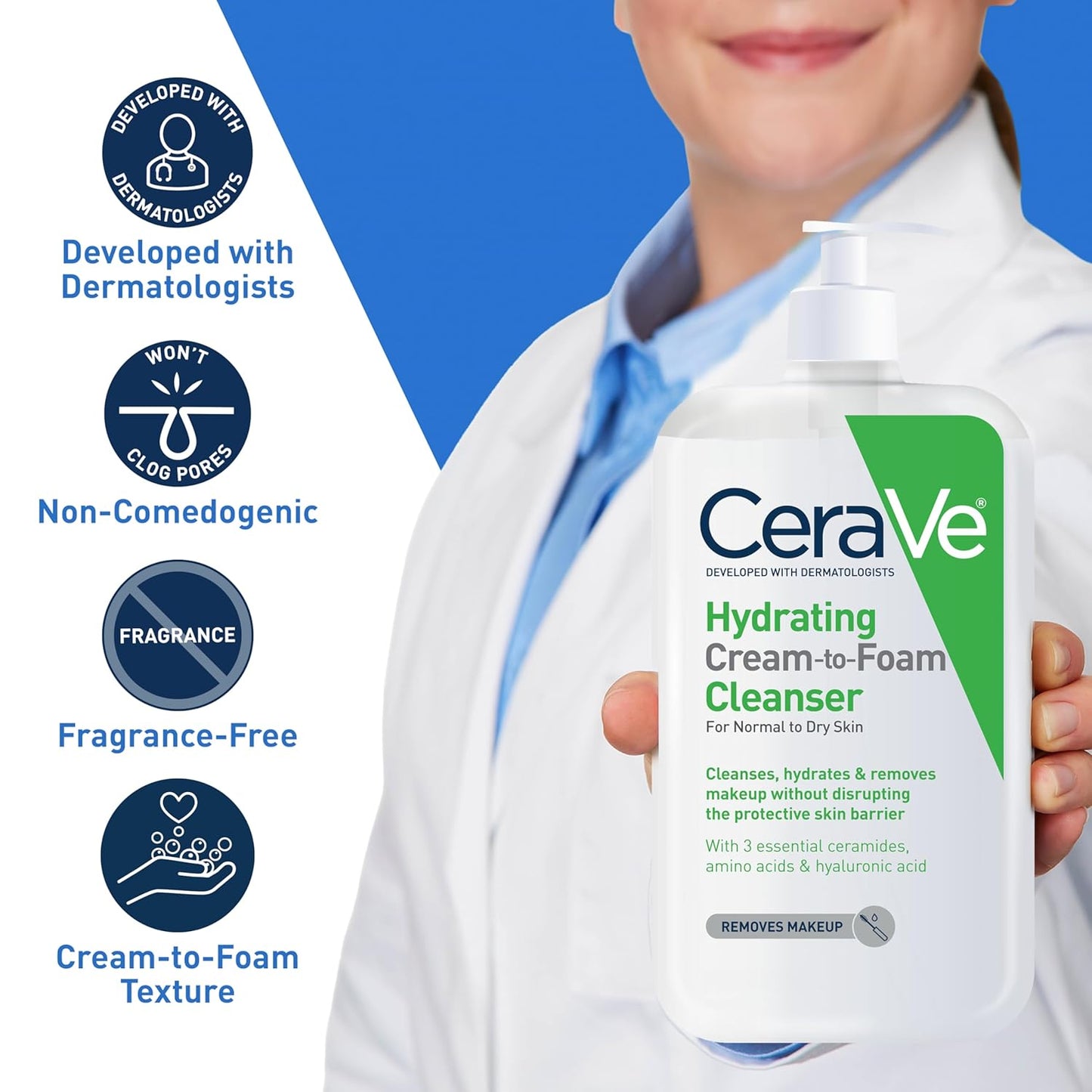 CeraVe Hydrating Cream To Foam Cleanser, Makeup Remover Face Wash For Dry Skin, Foaming Facial Cleanser With Hyaluronic Acid, Normal To Dry Skin, Fragrance Free & Non Comedogenic, 19 Fluid Ounce-Velvo Beauty