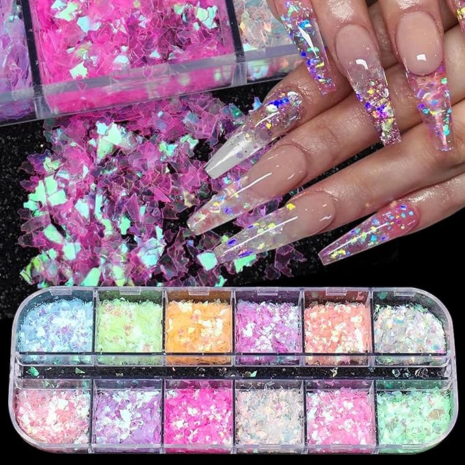 12 Colors Holographic Nail Art Glitter Sequins Iridescent Ice Slag Nail Glitter Laser Nail Art Flakes Colored Fluorescent Glass Paper Nail Sticker Decoration for Face Hand Body Make-Up DIY-Velvo Beauty