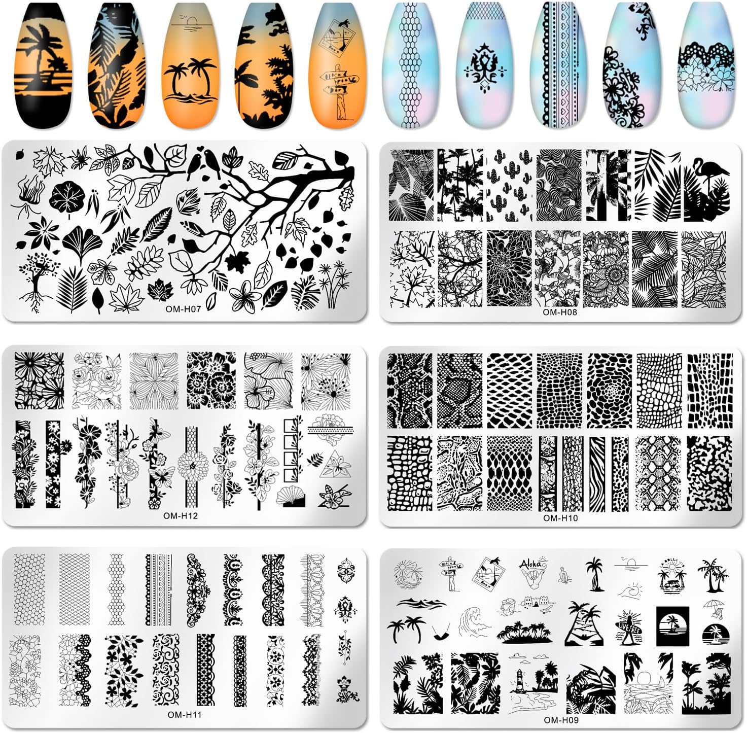 6pcs Nail Art Stamping Plates Set Manicuring Accessories Coconut Tree Leaves Flowers Birds Cactus Island Geometry Image Template for DIY Tips Decoration-Velvo Beauty