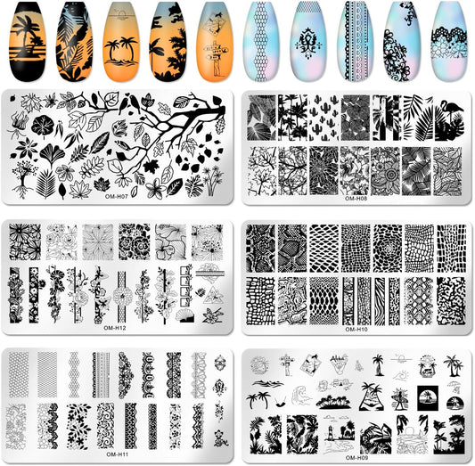 6pcs Nail Art Stamping Plates Set Manicuring Accessories Coconut Tree Leaves Flowers Birds Cactus Island Geometry Image Template for DIY Tips Decoration-Velvo Beauty