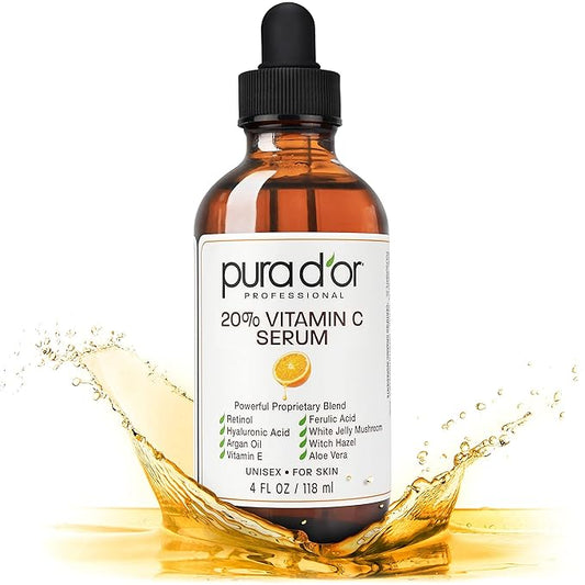 PURA D'OR 20% Vitamin C Serum 4 Oz - Lightweight Maximum Strength Formula - Retinol, Hyaluronic Acid, Ferulic Acid - Professional Grade Treatment For Face & Eyes, Wrinkles - Men & Women-Velvo Beauty