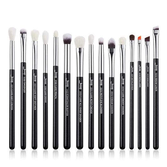 Jessup Eye Makeup Brushes Set Professional 15pcs with Eyeshadow Blending Concealer Eyebrow Eyliner Brush (Pearl Black/Silver)-Velvo Beauty