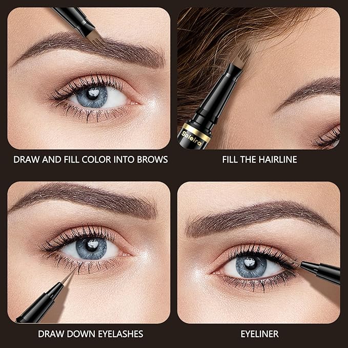 Eyebrow Pen, Soleira Waterproof Eyebrow Pencil with 4 Tip Microblading Eyebrow Pen and Dual-ended Eyebrow Brush, for Natural-Looking Brows, Long-Lasting, V2 Dark Brown-Velvo Beauty