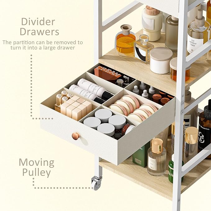Wisdom Star Makeup Organizer Cart with 2 Drawers, Floor Skincare Organizers, Makeup Storage, Vanity Organizer, Cosmetics Display, Versatile Skin care Perfume Nail Polish Storage Rack for Bathroom-Velvo Beauty