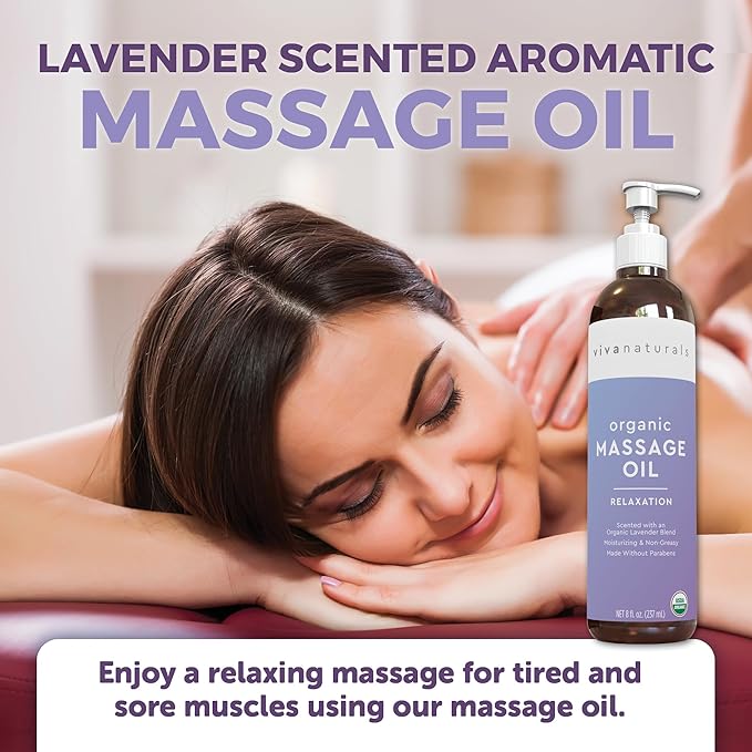 Viva Naturals Organic Massage Oil (8 fl. oz.) - Lavender Scented Non-Greasy Body Massage Oil with Mess-Free Pump, Moisturizing Massage Oils for Massage Therapy, Non-GMO and Certified Organic, 237 mL-Velvo Beauty