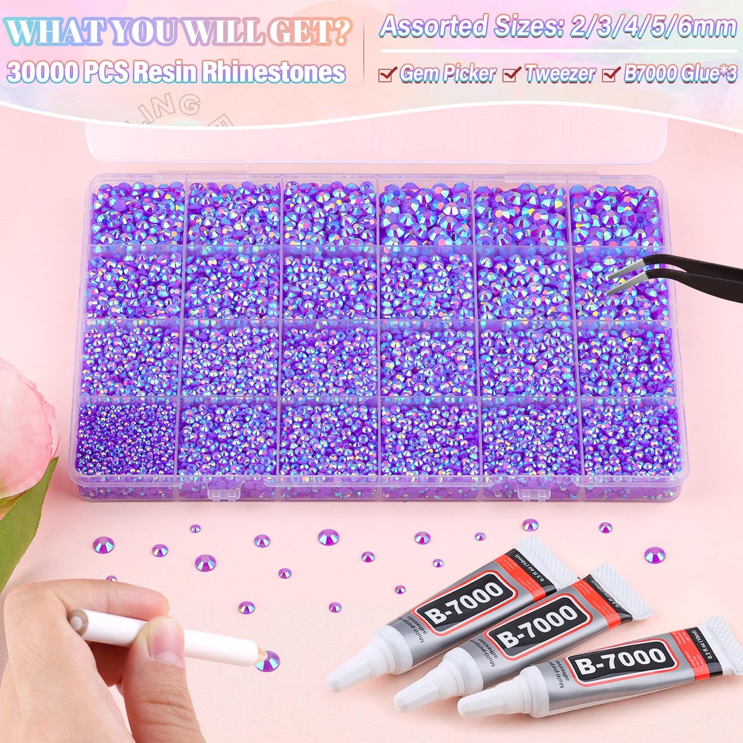 30000Pcs Resin Dark Purple AB Rhinestones for Bedazzling Crafting with b7000 Jewelry Glue, Bulk Flatback Gems Bedazzler Kit for Crafts Clothes Shoes Fabric Nail Diamond Art, Assorted Size 2/3/4/5/6mm-Velvo Beauty