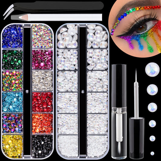 Colorful Flatback Face Gems and White AB Pearls for Makeup with Quick Dry Glue, Half Round Pearls Nail Art Rhinestones Glass Crystal Beads for Make-up Deco with Pickup Pencil + Tweezer-Velvo Beauty