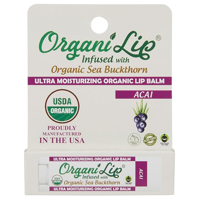 Organic Lip Balm, Acai Flavor, Ultra Hydrating Lip Moisturizer for Cracked or Dry Lips, Infused With Organic Sea Buckthorn, Oval Shaped Tube, USDA Certified Organic, 1 Pack-Velvo Beauty