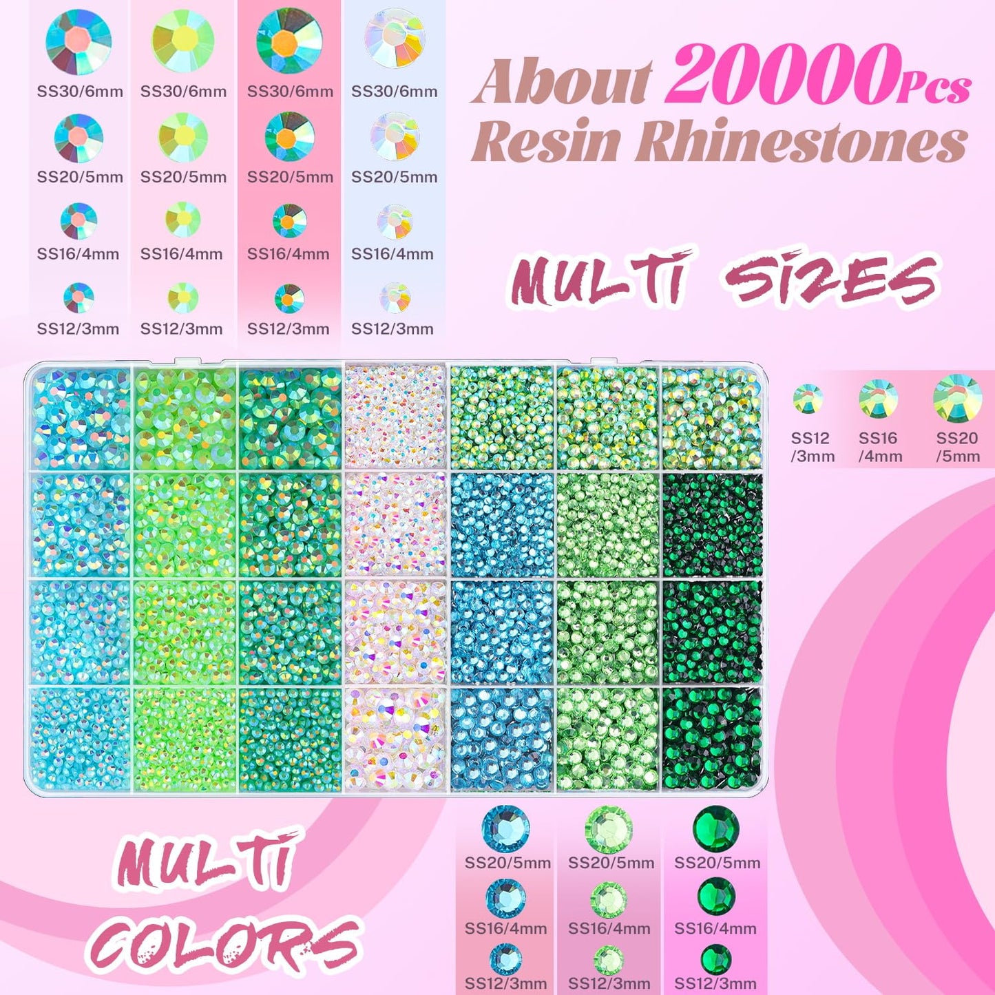 20000Pcs Green Rhinestones for Bedazzling with 1Pcs B7000 Jewelry Glue, Resin Rhinestones for Crafting Crafts DIY, Bedazzler Kit Gems for Clothing Shoes Tumblers Nail Art Assorted Size 3/4/5/6mm-Velvo Beauty