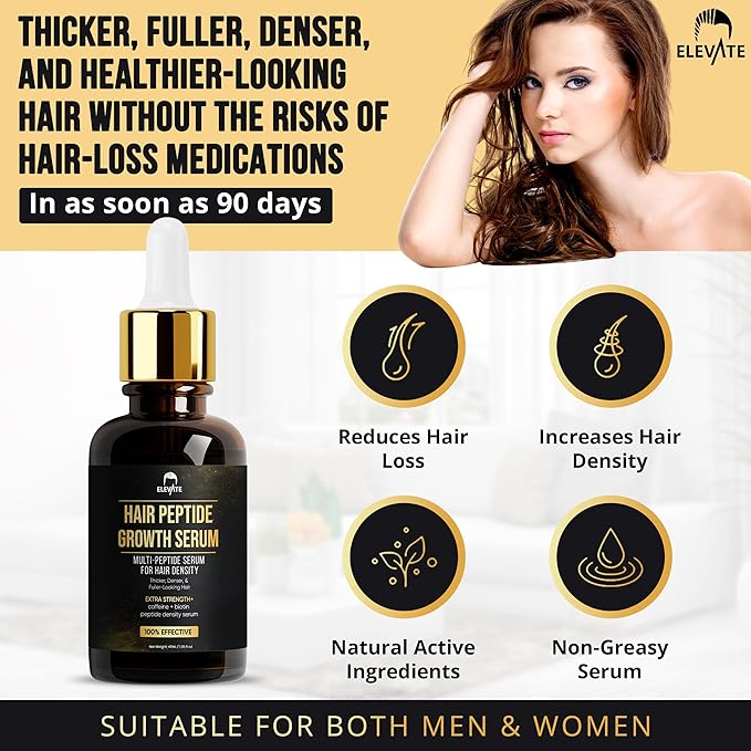 Elevate Multi-Peptide Hair Growth Serum Caffeine + Biotin Peptide Density for Fuller Thicker Visibly Longer Natural Hair Regrowth – Vegan Safe & Gentle Scalp Serum Formula Treatment for Thinning Loss-Velvo Beauty