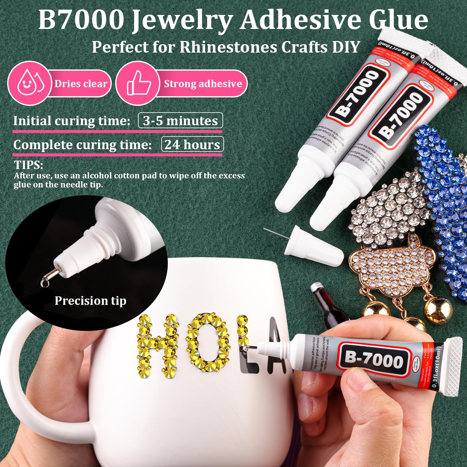 Resin Rhinestones for Crafting with B7000 Jewelry Glue, 2 Boxes Bright Gold Flatback Crystals with 3Pcs 10ml Glue for Bedazzling Crafts DIY Nail Art Makeup, Gems for Clothing Shoes-Velvo Beauty