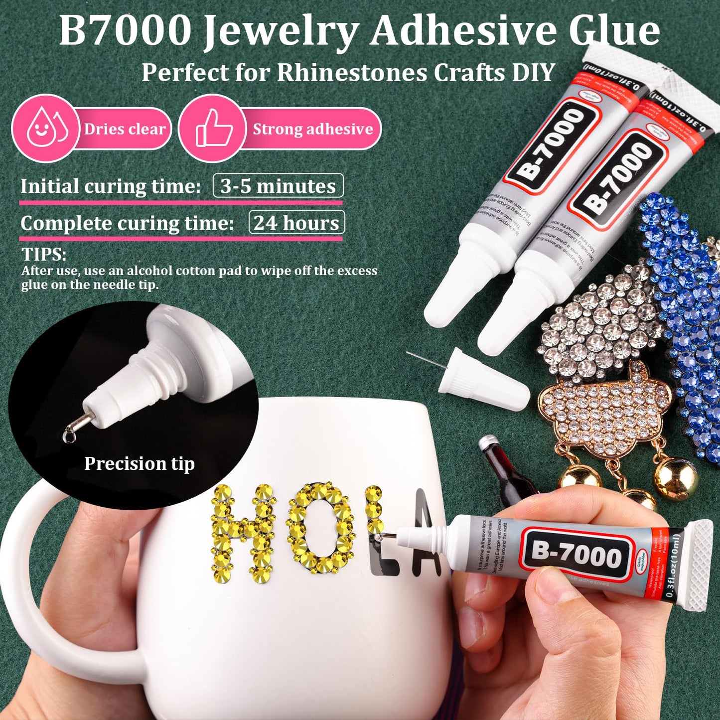 Resin Rhinestones for Crafting with B7000 Jewelry Glue, 1 Box Bright Gold Flatback Crystals with 3Pcs 10ml Glue for Bedazzling Crafts DIY Nail Art Makeup，Non Hotfix Gems for Clothing Shoes-Velvo Beauty