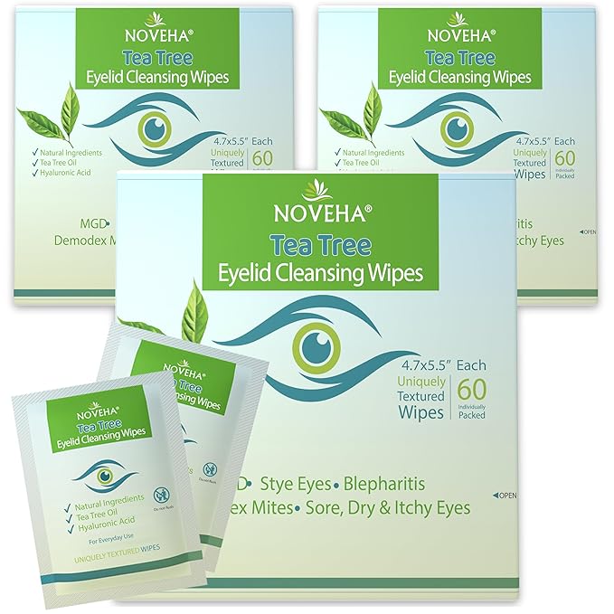 NOVEHA Tea Tree Oil Eyelid & Lash Wipes With Hyaluronic Acid, Green Tea & Chamomile For Blepharitis & Itchy Eyes, Individually Wrapped Eyelash Wipes Natural Makeup Remover & Daily Cleanser (Pack of 3)-Velvo Beauty