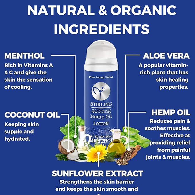 STIRLING Menthol Lotion + Hemp Oil – Maximum strength relief with cooling menthol and 100% pure hemp oil to soothe joints, relax muscles, and hydrate with aloe vera. 5 fl oz. (2000mg, Menthol)-Velvo Beauty