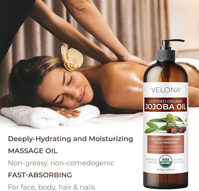 velona Jojoba Oil USDA Certified Organic - 16 fl oz (With Pump) | 100% Pure and Natural | Golden, Unrefined, Cold Pressed, Hexane Free | Moisturizing Face, Hair, Body, Skin Care-Velvo Beauty