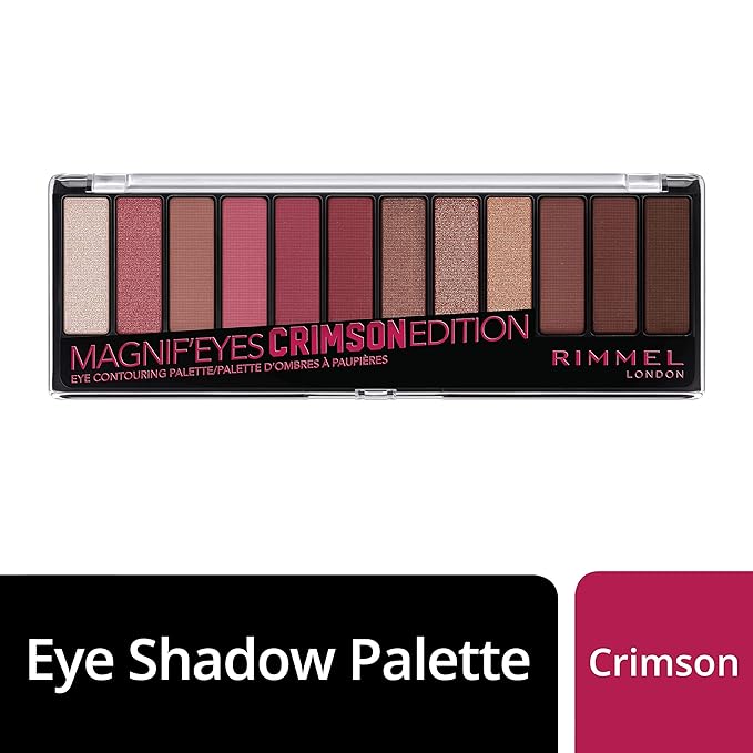 Rimmel London Magnif'Eyes Eyeshadow Palette, 12 Shades, Blendable Formula, Versatile, 007, Crimson, 0.5oz-Velvo Beauty