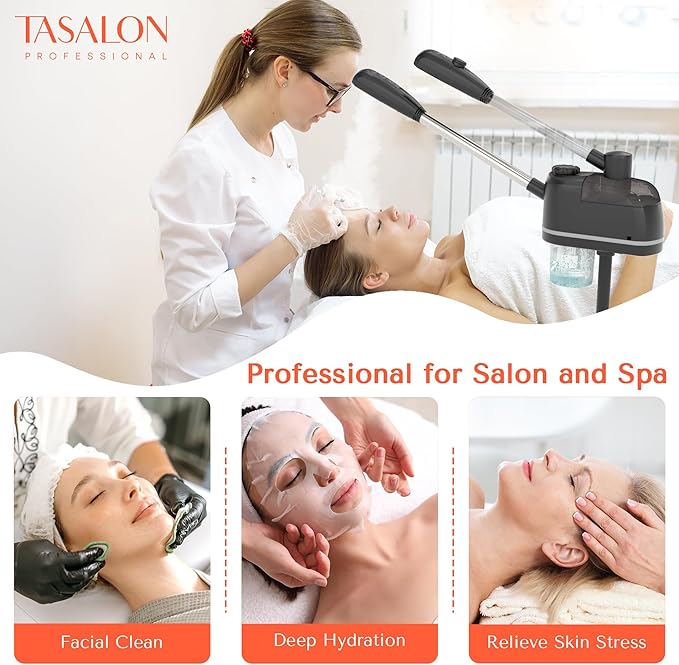 TASALON 2 in 1 Professional Facial Steamer on Wheels -with Ozone and Hot & Cold Mist, Ionic Facial Steamer Kit for Facial Deep Cleaning and Moisturize, SPA & Home, Ozone Face Humidifier - Black-Velvo Beauty