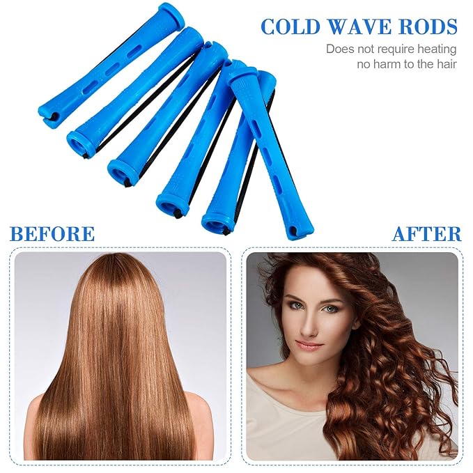 48 Pieces Hair Perm Rods Short Cold Wave Rods Plastic Perming Irons Hair Curling Rollers Curlers with Steel Pintail Comb Rat Tail Comb for Hairdressing Styling Supplies(0.35 Inch,Blue and Dark Blue)-Velvo Beauty