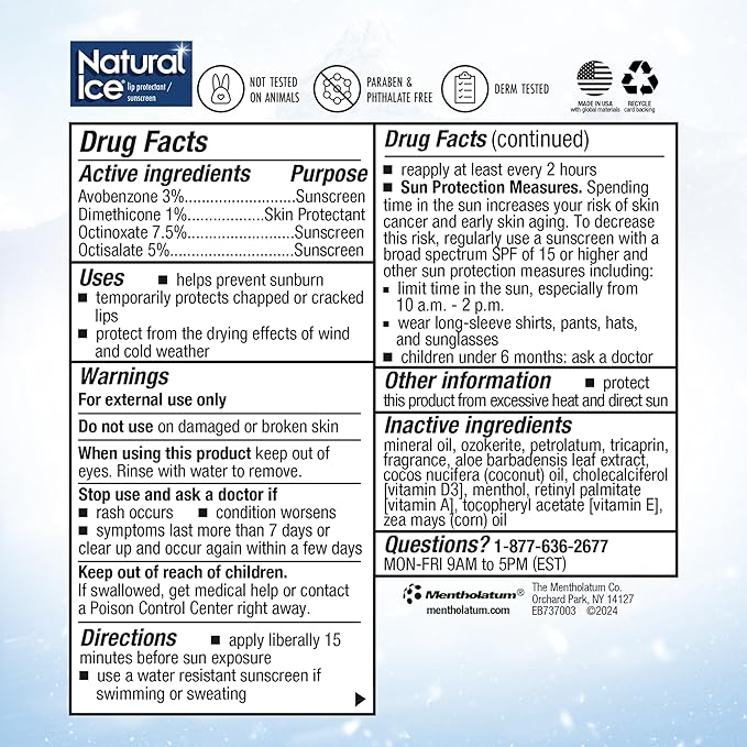 Mentholatum (R) Natural Ice (R) Sport Broad Spectrum SPF 30 Medicated Lip Balm - 12 Pack of 4.5 g Tubes-Velvo Beauty