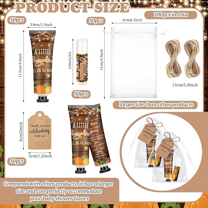 50 Sets 200 Pcs Baby Shower Hand Lotion and Lip Balm Gift Theme Baby Shower Party Favors Travel Size Hand Lotion and Lip Balm Bulk with Organza Bags Tags(Rustic Pumpkin)-Velvo Beauty