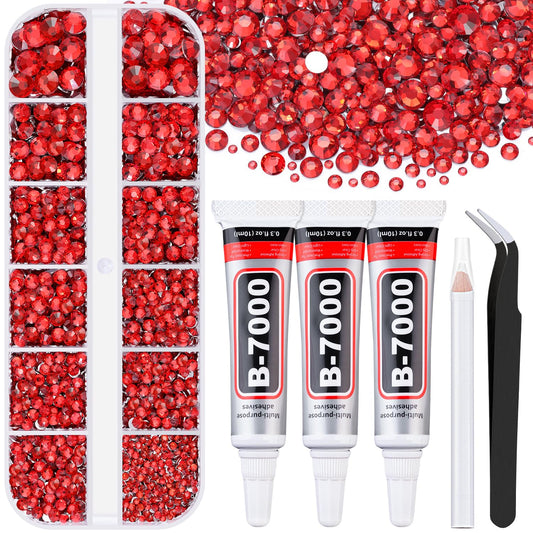 6000Pcs Resin Rhinestones for Bedazzling with 3Pcs B7000 Jewelry Glue, 1 Box Red Flatback Rhinestones for Crafting Crafts DIY, Crystals Gems for Clothing Shoes Tumblers Nail Art Makeup-Velvo Beauty
