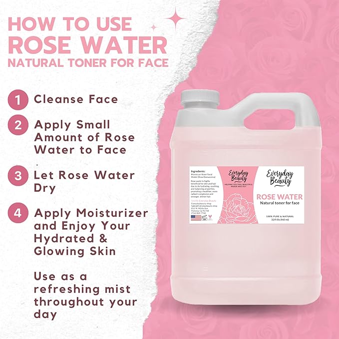 Rose Water Facial Toner - 32oz Bulk Alcohol-Free Vegan All Natural Refreshing for Face and Hair - Uplifts, Calming & Soothing for All Skin Types-Velvo Beauty
