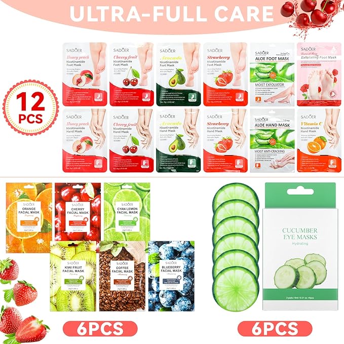 24 Pcs Fruits Beauty Facial Hand Foot Mask Cooling Eye Pads Set Spa Party Night Kit Beauty Skincare Hydrating Skin Cooling Eye Masks for Puffy Eyes Spa Stocking Stuffers Night Summer Party-Velvo Beauty