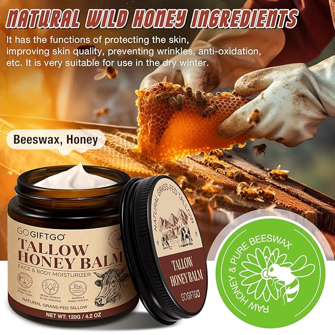 Beef Tallow for Skin,Tallow and Honey Balm,Beef Tallow for Face,Tallow Face Moisturizer,Natural Moisturizer Hydrates,Deeply Nourishes the Skin, Enhances Natural Radiance (1pcs)-Velvo Beauty