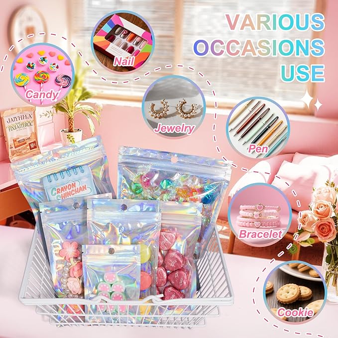 ANZNKU 100 Pack Mylar Bags Reasealable Holographic Bags, Smell Proof Bag Zipper Pouches with Clear Window, Jewelry Candy Sealable Bag for Packaging Sample Party Favor (5.1 x 8.3 Inch)-Velvo Beauty