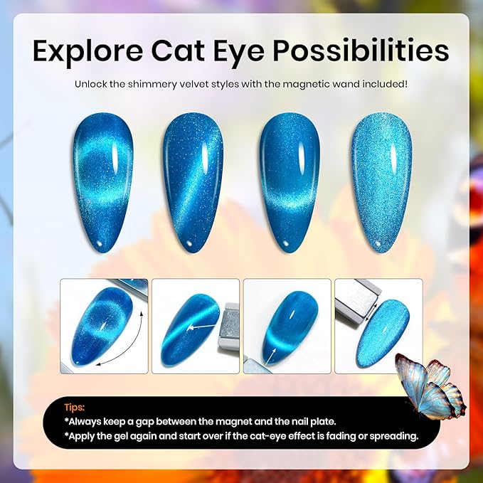 Beetles Cat Eye Gel Nail Polish Set, 15 Colors Gel Polish Nail Kit, Orange Glitter Purple White Blue Sparkle Uv Gel with Base & Top Coat & 3D Silicone Mold Nail Art for Decoration-Velvo Beauty