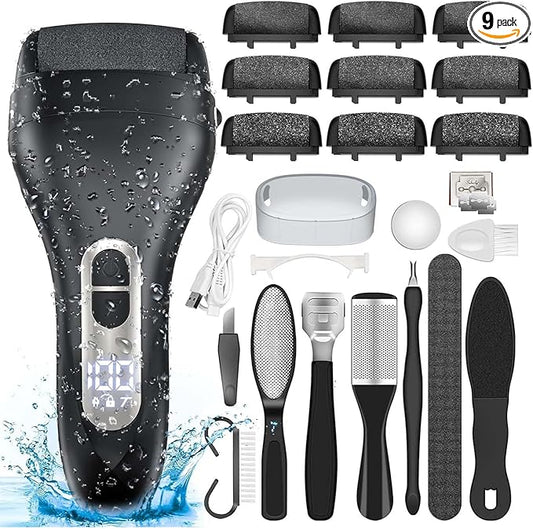 Electric Callus Remover for Feet - with 9pcs Larger Grinding Head, Portable Pedicure Kit Foot File Callus Remover, Rechargeable Waterproof Foot File for Foot Care Deadskin Remover LCD Display-Black-Velvo Beauty