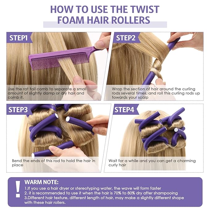 Syhood 30 Pcs 7'' Flexible Curling Rods Twist Foam Hair Rollers Soft Foam No Heat Hair Rods Rollers and 1 Steel Pintail Comb Rat Tail Comb for Women Long Short Hair(Purple,7 x 0.55 Inch)-Velvo Beauty
