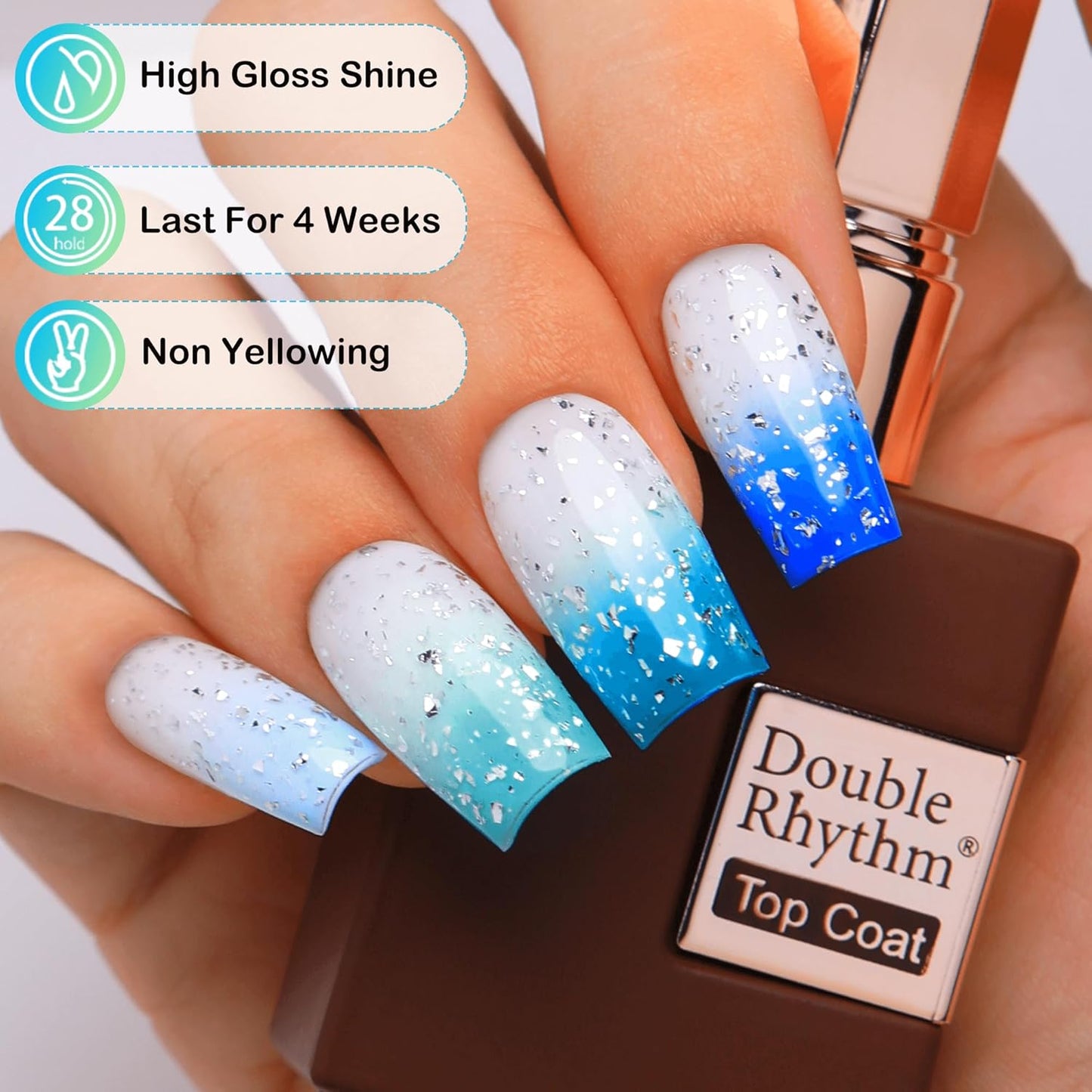 Double Rhythm 15ML No Wipe Gel Top Coat Base Coat Iridescent Glitter Shimmer 2 in 1 Nail Polish Soak Off Manicure DIY Home Salon (Silver Top Coat)-Velvo Beauty