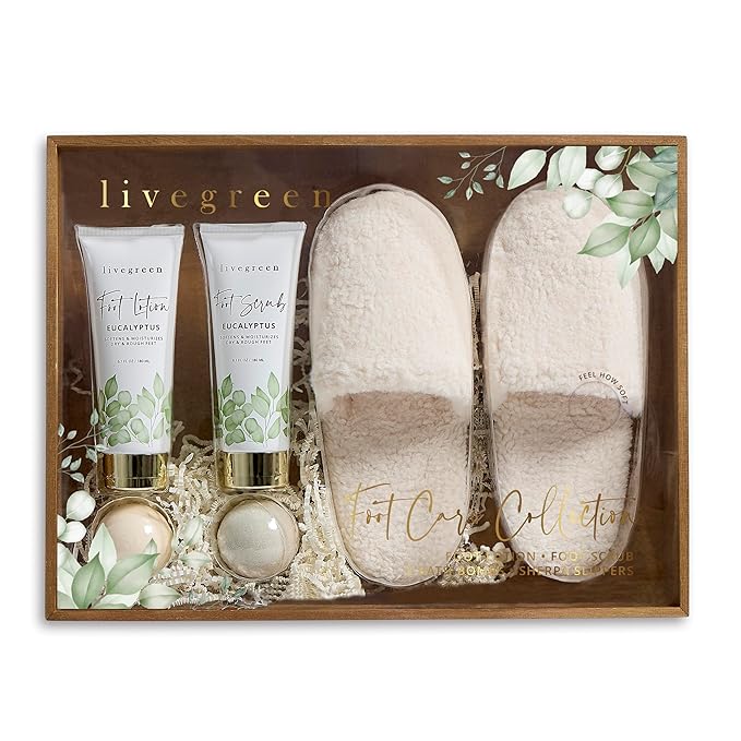 Live Green Foot Care Collection in Eucalyptus, Foot Spa Set with Sherpa Slippers, Foot Lotion (60ml), Foot Scrub (60ml) and 2 Bath Bombs (80 grams each)-Velvo Beauty