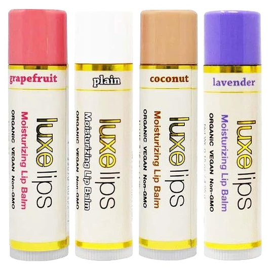 Luxe Beauty No-Beeswax, No-Petroleum Organic Lip Moisturizer for Very Dry Lips - Lip Care for Sun/Wind Damage, Dryness, and Chapping – 4-Pack Hydrating Lip Care Products That Work Over/Under Lipstick-Velvo Beauty
