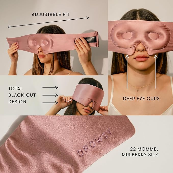 DROWSY Eyelash Protecting Silk Sleep Mask for Natural Lashes & Extensions. Deep Eye Cups, Zero Pressure, Total Blackout, Full Wraparound (Damask Rose)-Velvo Beauty