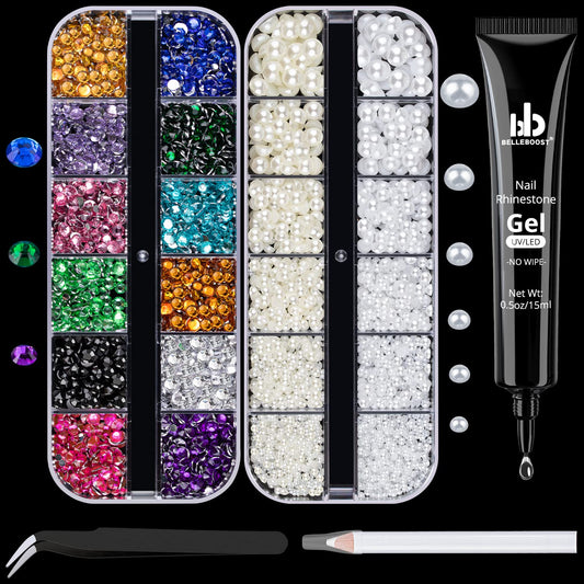 Nail Art Rhinestone Glue Gel&2 Boxes Flatback Gems Kit, 1 Tube of 15ml Rhinestone Gel Glue(UV/LED Needed)+Colorful Gems+Flat-Back Half Round White&Beige Pearls with Pickup Tools-Velvo Beauty