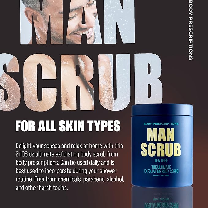 Body Prescriptions Men’s Exfoliating Body Scrub – Ultimate Skin Cleansing Wash in Jar with Twist-Top Lid, For All Skin Types, 21 Ounce (Pack of 4), Tea Tree-Velvo Beauty